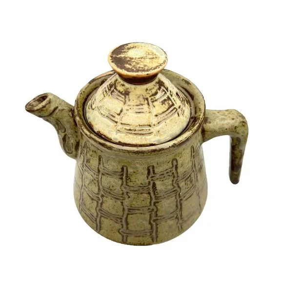 Art Studio Pottery Teapot Earthy Green And Brown Glaze Unique Handle Stoneware - Picture 4 of 7